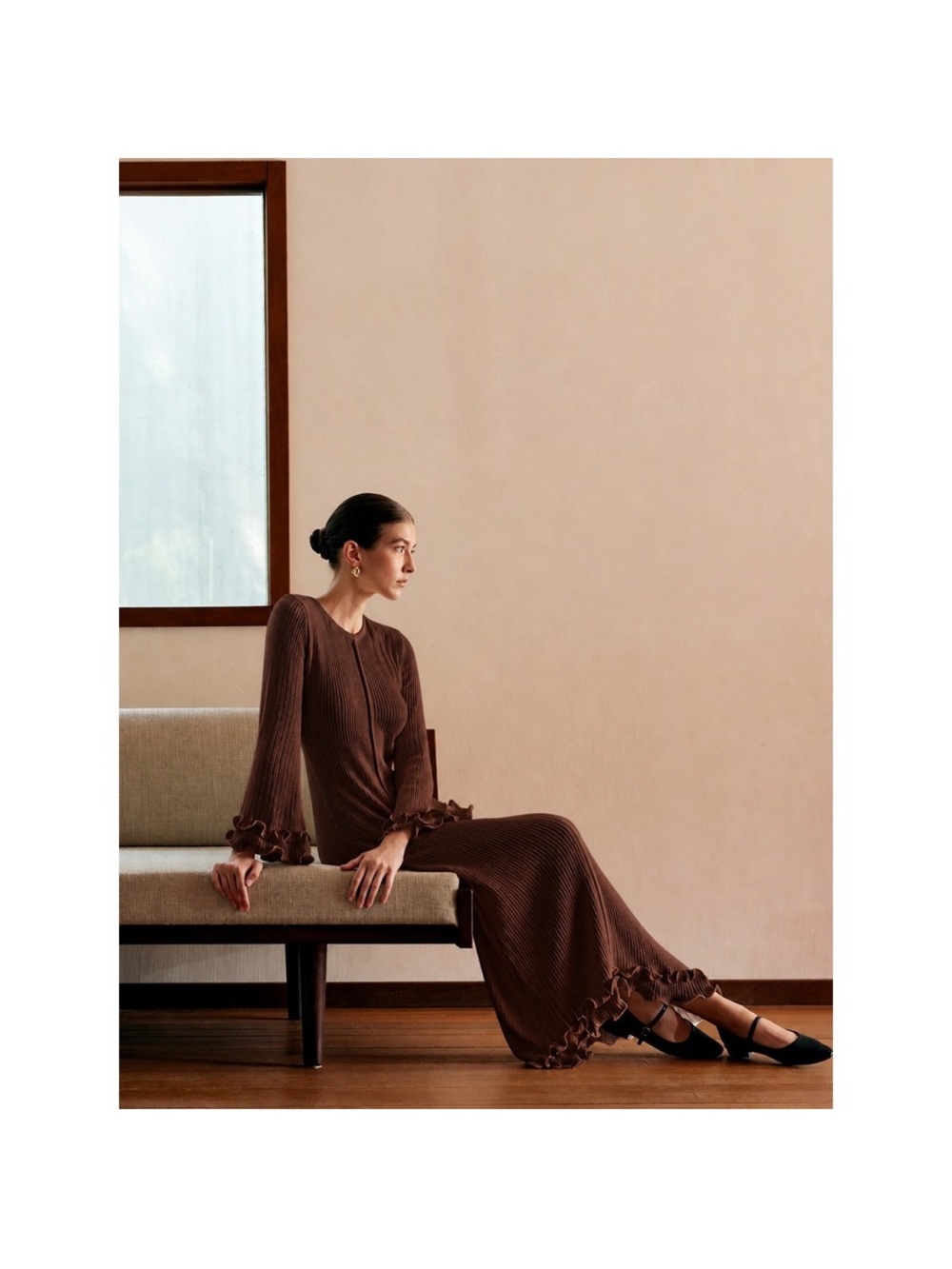 Commense Brown Ribbed Maxi Dress with Ruffle Cuffs - Picture 2 of 7
